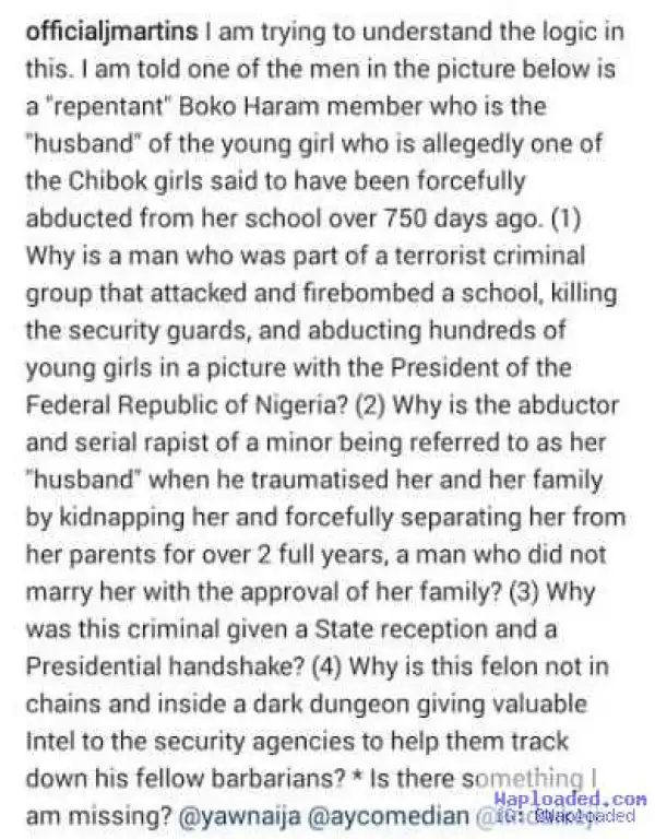 Singer J Martins shares his thoughts on the rescued Chibok girl